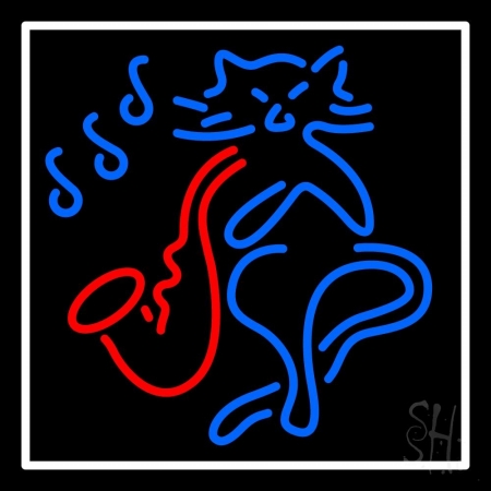 Saxophone Cat Logo White Border Clear Backing Neon Sign, 24 x 1 x 24 in.