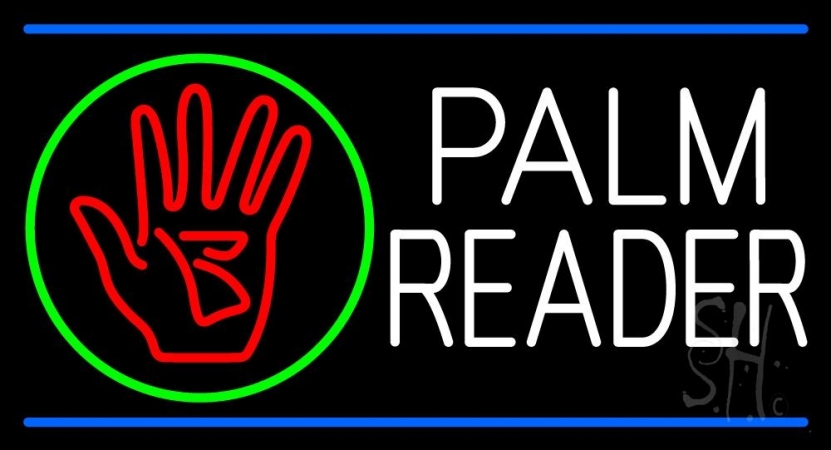 N105-11330-clear White Palm Reader with Logo Blue Line Clear Backing Neon Sign, 20 x 1 x 37 in.