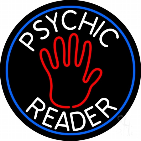 N105-11675-clear Psychic Reader with Palm Blue Circle Clear Backing Neon Sign, 26 x 1 x 26 in.