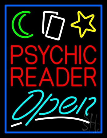 N105-11768-clear Red Psychic Reader Turquoise Open Block Blue Border Clear Backing Neon Sign, 31 x 1 x 24 in.
