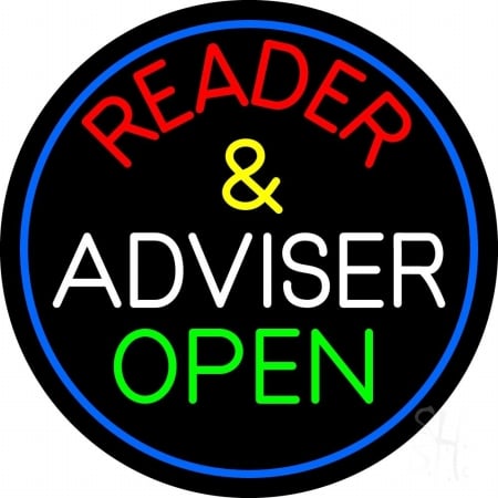 N105-11832-clear Red Reader & White Advisor Green Open with Blue Border Clear Backing Neon Sign, 26 x 1 x 26 in.