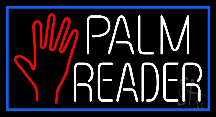 N105-11897-clear White Palm Reader with Blue Border Clear Backing Neon Sign, 20 x 1 x 37 in.