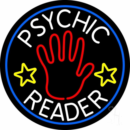 N105-11923-clear White Psychic Reader with Red Palm Blue Circle Clear Backing Neon Sign, 26 x 1 x 26 in.