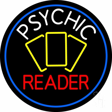 N105-11940-clear White Psychic Red Reader Yellow Cards & Blue Border Clear Backing Neon Sign, 26 x 1 x 26 in.
