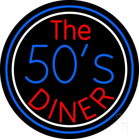 N105-12039-clear Blue & White Border The 50s Diner Circle Clear Backing Neon Sign, 26 x 1 x 26 in.