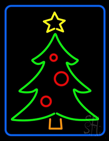 Blue Border Green Christmas Tree Clear Backing Neon Sign, 31 x 1 x 24 in.