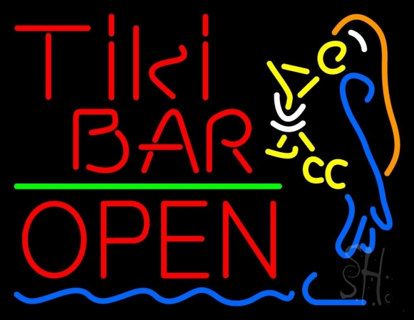 N105-3184-clear Red Tiki Bar with Parrot Martini Glass Open Clear Backing Neon Sign, 24 x 1 x 31 in.