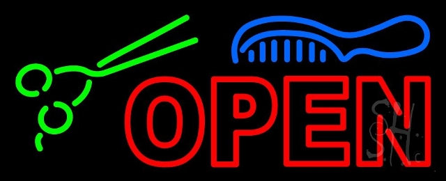 N105-3233-clear Double Stroke Open with Scissor & Comb Clear Backing Neon Sign, 13 x 1 x 32 in.