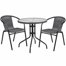 28 in. Rattan Edging Round Glass Table & 2 Stack Chair, Gray
