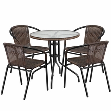 Rattan Edging Round Glass Table Set - Dark Brown - 5mm Glass Top - Stackable Chairs