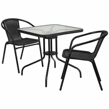 28 in. Rattan Edging Square Glass Table & 2 Stack Chair, Black