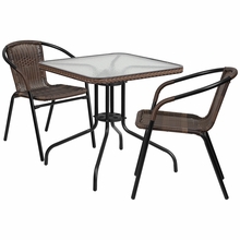 28 in. Rattan Edging Square Glass Table & 2 Stack Chair, Dark Brown