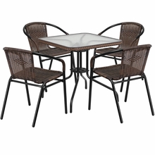 28 in. Rattan Edging Square Glass Table & 4 Stack Chair, Dark Brown