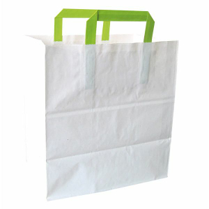 Picture of Packnwood 210CAB2518W White Takeout Bag with Green Handles - 10.2 x 6.7 x 3.1 in.