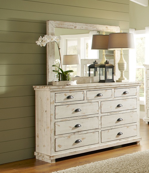 P610-23-50 Willow Solid Pine Drawer Dresser & Mirror - Distressed White - 79 x 64 x 18 in -  RLM Distribution, HO3131667
