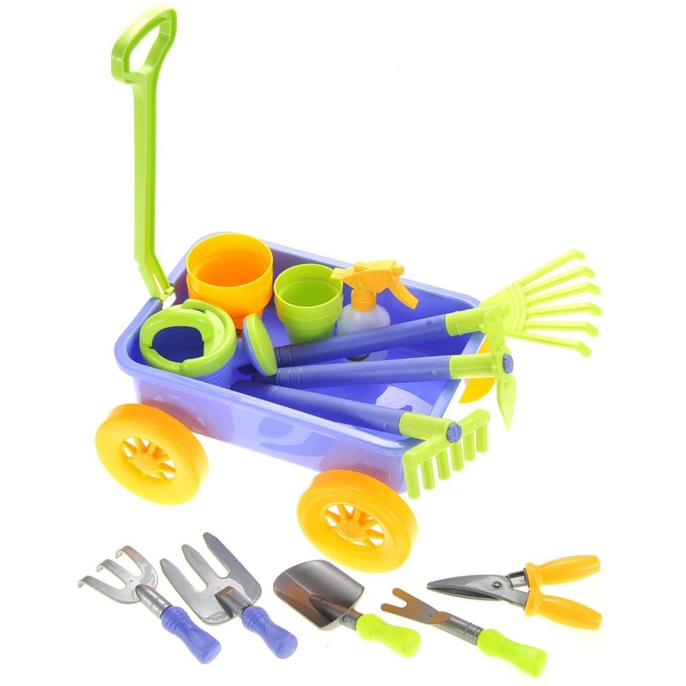 Picture of AZ Import PS949 Garden Wagon & Tools Toy Set for Kids with 8 Gardening Tools, 4 Pots, Water Pail & Spray