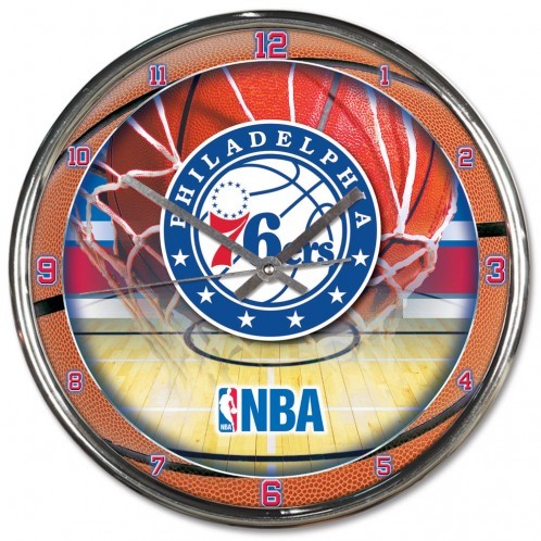 Philadelphia 76ers Clock Round Wall Style Chrome Special Order