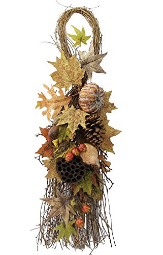 Picture of Admired by Nature GFW6012-NATURAL 35 in. Artifical Lotus Pod&#44; Pumpkins&#44; Pine Cone&#44; Maple Leaves & Berries Fall Festive Harvest Display Teardrop&#44; Autumn