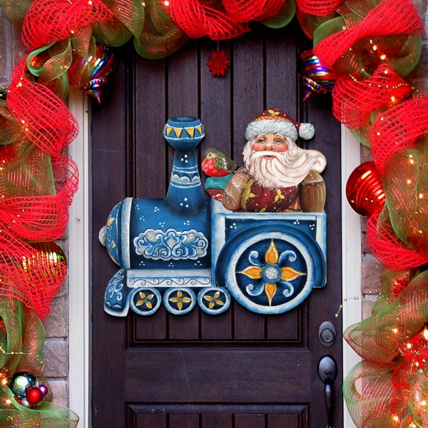 G DeBrekht Train Riding Santa Wooden Decorative Door Hanger, Multicolor