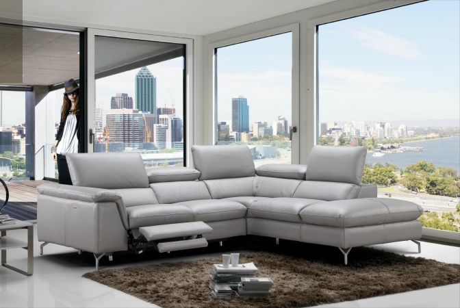 Viola Premium Leather Sectional in Right Hand Facing Chaise, Light Grey