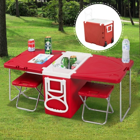 Picture of Online Gym Shop CB16948 Outdoor Picnic Camping Rolling Cooler with Table & 2 Chairs, Red