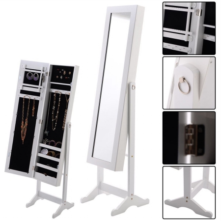 Armoire Mirrored Jewelry Cabinet Organizer Storage Box with Stand, White