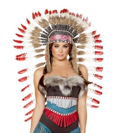 H4727-AS-O-S Native American Headdress with Red Tips Adult Costume- Brown- White & Red - One Size -  Roma Costume, H4727-AS-O/S