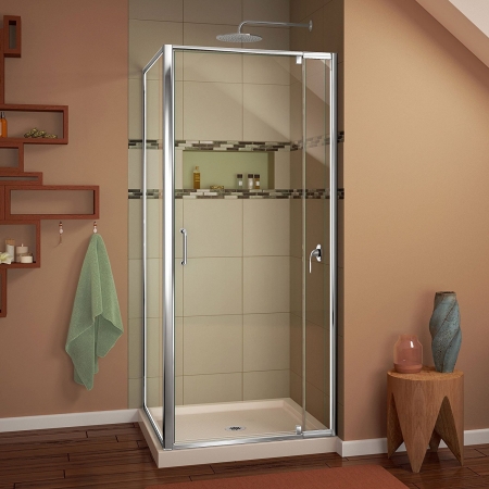 DL-6714-22-01CL 32 x 32 in. Flex Frameless Shower Enclosure & Biscuit Shower Base, Chrome Hardware