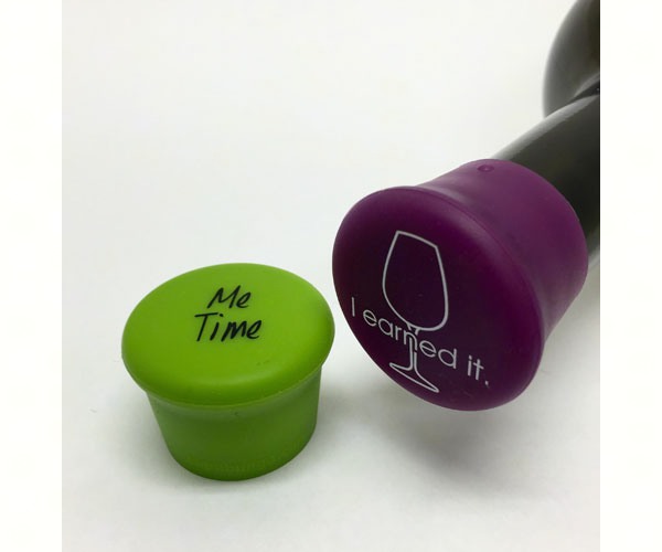 Picture of CapaBunga CAPAU2P01 Me Time &amp; I Earned It Reusable Silicone Wine Bottle Cap  Green &amp; Purple