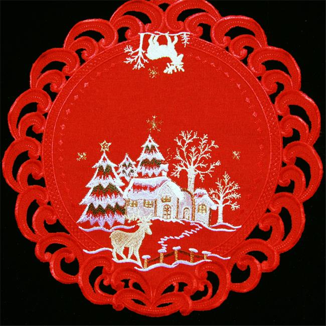 Sinobrite H8837-R Reindeer Red Cloth Round Doily- 8 in.