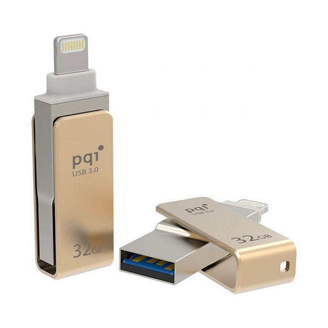 Picture of PQI 6I04-032GR2001 iConnect Mini Apple MFi 32 GB Mobile Flash Drive with Lightning Connector for iPhones, iPads, iPod, Mac & PC USB 3.0 - Gold