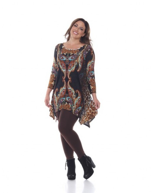 PS1300-03-1XL Plus Marlene Top & Tunic, Brown & Multi Color - 1XL