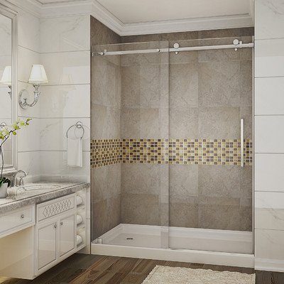 Global SDR976-TR-SS-60-10-L Moselle 60 x 77.5 in Completely Frameless Sliding Shower Door in Stainless Steel with Base- Left Drain