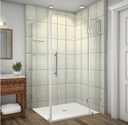 Picture of AstonGlobal SEN992-SS-4032-10 Avalux 40 x 32 x 72 in. Completely Frameless Shower Enclosure with Glass Shelves in Stainless Steel