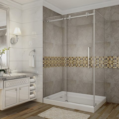 Global SEN976-TR-SS-48-10-L Moselle 48 x 35 x 77.5 in. Completely Frameless Sliding Shower Door Enclosure in Stainless Steel with Base- Left Drain