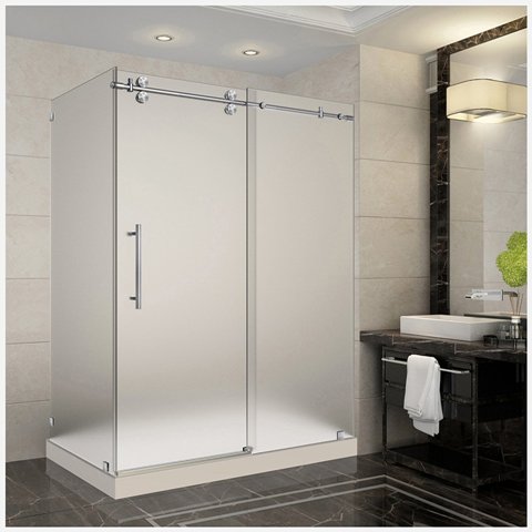 Picture of AstonGlobal SEN979-TR-SS-60-10-L Langham 60 x 35 x 77.5 in. Completely Frameless Sliding Shower Enclosure in Stainless Steel with Left Base