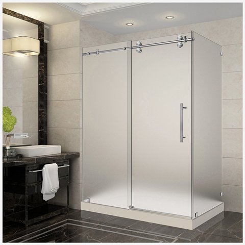 Picture of AstonGlobal SEN979-TR-SS-60-10-R Langham 60 x 35 x 77.5 in. Completely Frameless Sliding Shower Enclosure in Stainless Steel with Right Base