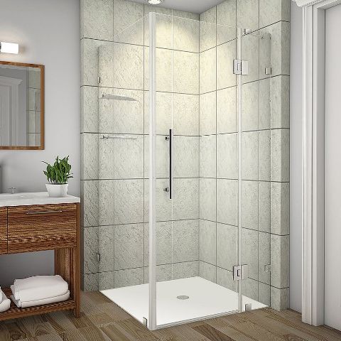 Picture of AstonGlobal SEN992-CH-3832-10 Avalux 38 x 32 x 72 in. Completely Frameless Shower Enclosure with Glass Shelves in Chrome