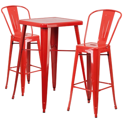 CH31330B230GBREDGG Metal IndoorOutdoor Bar Table Set With 2 Barstools  Red