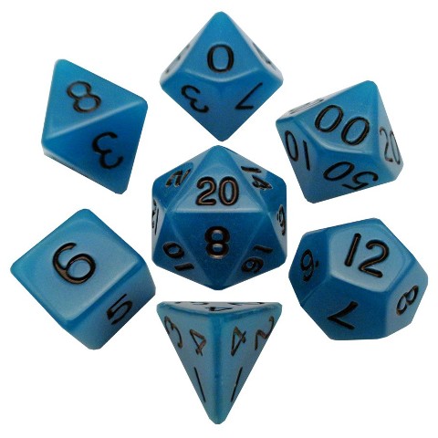 LIC302 16 mm Ground Dice, Set of 7 - Blue with Black Numbers