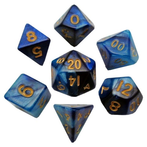 10 mm Mini Dice, Set of 7 - Dark Blue & Light Blue with Gold Numbers