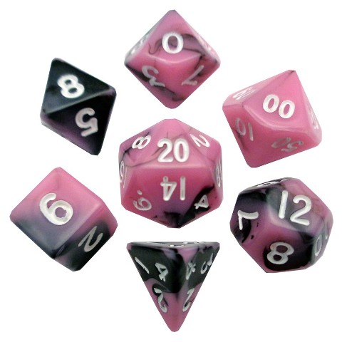 LIC473 10 mm Mini Dice, Set of 7 - Pink & Black with White Numbers