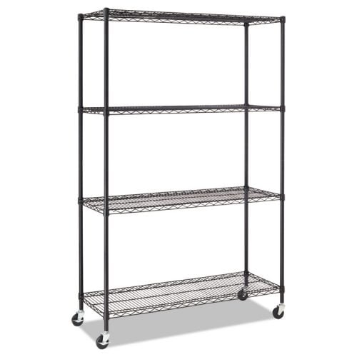 Picture of Alera ALESW604818BL Four-Shelf Complete Wire Shelving Unit with Caster, Black - 48 x 18 in.