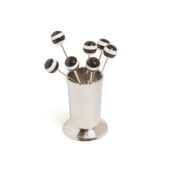 Picture of Go Home 20616 Resin&#44; Stainless Steel & Brass Banda Olive Picks - Silver&#44; Black & White&#44; 4 x 2.5 x 2.5 in. - Set of 9