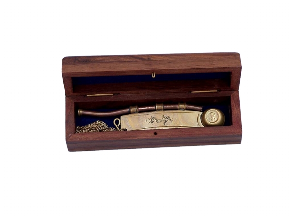 Picture of Handcrafted Model Ships K-235-AN 5 in. Historic Antique Brass Boatswain Bosun Whistle with Rosewood Box