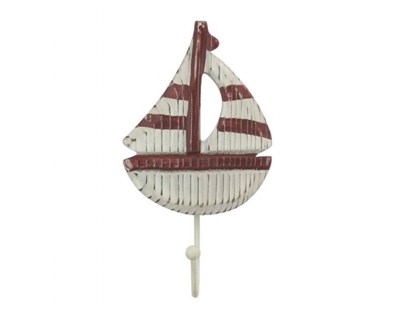 Picture of Handcrafted Model Ships Sailboat-301 7 in. Wooden Rustic Decorative Red & White Sailboat with Hook