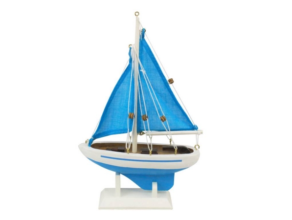 Picture of Handcrafted Model Ships Sailboat 9-113 9 in. Wooden Light Blue with Light Blue Sails Pacific Sailer Model Sailboat Decoration