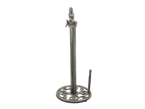 16 in. Antique Silver Cast Iron Mermaid Paper Towel Holder