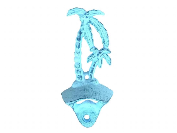 Picture of Handcrafted Model Ships g-20-027-blue 6 in. Rustic Dark Blue Whitewashed Cast Iron Wall Mounted Palmtree Bottle Opener