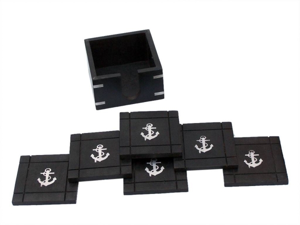 Picture of Handcrafted Model Ships WN-0129-CH 4 in. Wooden Black Coasters with Chrome Anchor Inlay, Set of 6